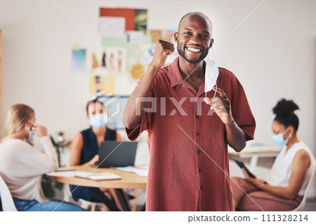 Face mask, excited business man and covid compliance portrait with motivation vision to stop global danger virus. Smile, happy and success for black office businessman in end of pandemic celebration Face mask, excited business man and covid compliance portrait with motivation vision to stop global danger virus. Smile, happy and success for black office businessman in end of pandemic celebration 111328214