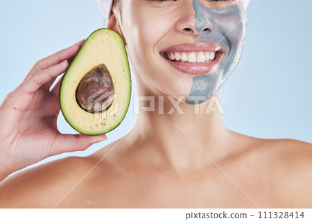Skincare, beauty and woman with avocado face mask peel for diy home beauty salon facial treatment. Girl with organic food product or fruit mask for health, wellness or cosmetic spa skin acne cleaning Skincare, beauty and woman with avocado face mask peel for diy home beauty salon facial treatment. Girl with organic food product or fruit mask for health, wellness or cosmetic spa skin acne cleaning 111328414