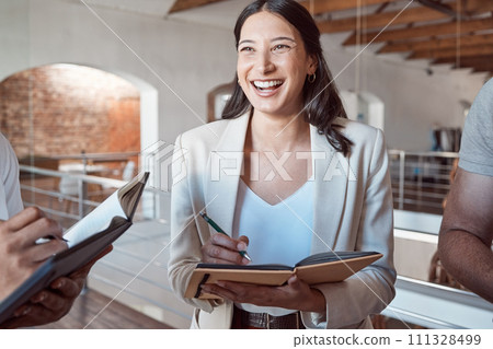 Business woman writing in notebook during meeting, happy about partnership for advertising project and planning company strategy for marketing agency. Happy, smile and corporate employee in teamwork 111328499