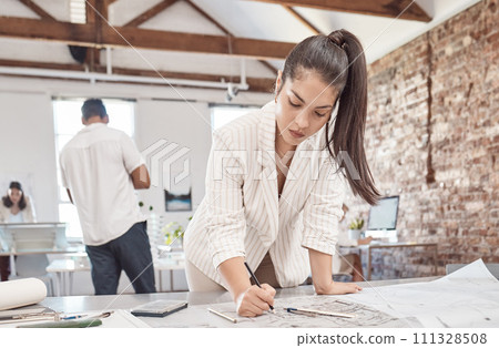 Architecture, young woman and designer planning building blueprint, construction project and property development in startup agency. Engineering work, industrial creative and focus floor plan expert 111328508