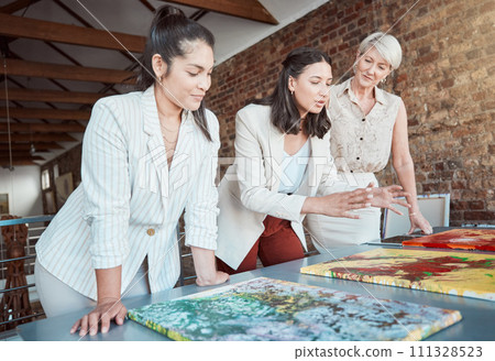 Painting, art and gallery manager planning exhibition with support, assistance and help from team. Communication, teamwork or collaboration of creative artwork museum workers working on paintings. 111328523