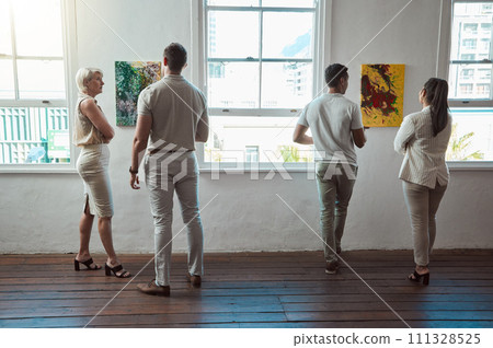 Art, painting and men and women at a gallery exhibition with paintings. Culture, creativity and sales, museum visitors standing at a canvas. Beauty, presentation and discussion on creative artwork. 111328525