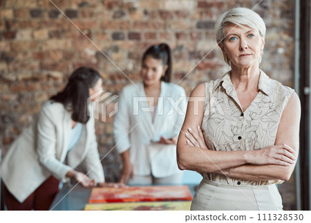 Elderly woman, art gallery manager and exhibition room working talking. Interior design business, review paintings and project teamwork. Serious buyer talking, museum collection and creative critic Elderly woman, art gallery manager and exhibition room working talking. Interior design business, review paintings and project teamwork. Serious buyer talking, museum collection and creative critic 111328530