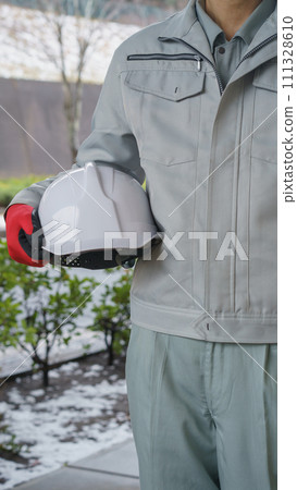 Snowy landscape with men in work clothes | Winter construction site image Snowy landscape with men in work clothes | Winter construction site image 111328610