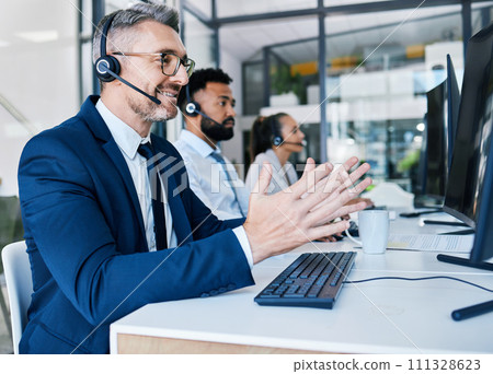 Call center, customer support and contact us for our telemarketing consulting agents can help with loan advice. Consultant, communication and happy insurance service employee in a suit with a headset Call center, customer support and contact us for our telemarketing consulting agents can help with loan advice. Consultant, communication and happy insurance service employee in a suit with a headset 111328623