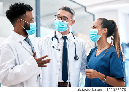 Doctor, nurse and covid with a team of healthcare or medical workers working together in collaboration in a hospital. Mask, teamwork and insurance with professional medicare personnel in a clinic 111328678