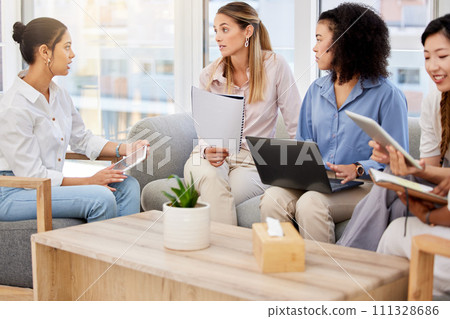 Women teamwork, collaboration and business team working on a digital marketing project. Corporate staff meeting of web sale strategy and logistics planning together in a office using technology 111328686