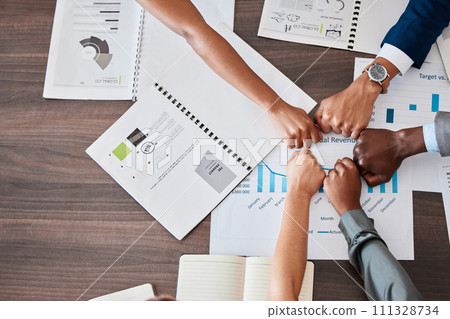 Hands of business people for support in meeting, success in finance planning with team and teamwork with paper at accounting company. Accountant, employee and collaboration with document at work 111328734