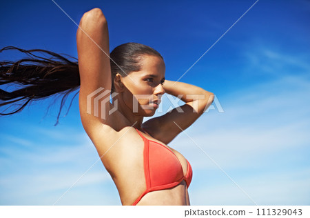 Beach, thinking and woman with vacation, summer and break with tropical island and getaway trip. Person, outdoor and sky background with girl and sunshine with fresh air and adventure with journey Beach, thinking and woman with vacation, summer and break with tropical island and getaway trip. Person, outdoor and sky background with girl and sunshine with fresh air and adventure with journey 111329043