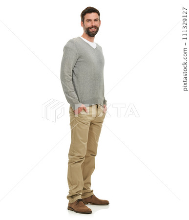 Happy, portrait and cool man in studio with casual clothes for fashion in V neck pullover top, pants and confidence. Young model or person from the USA with relaxed style and on a white background 111329127