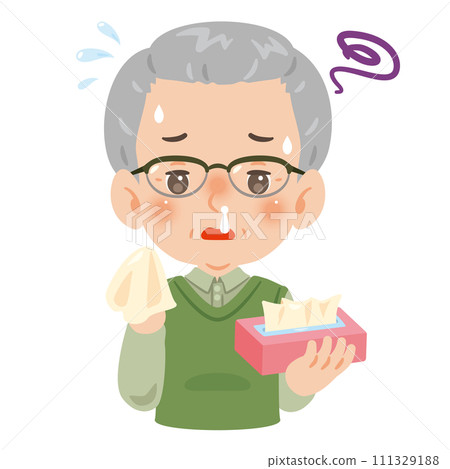 Senior man with stuffy nose and runny nose Senior man with stuffy nose and runny nose 111329188