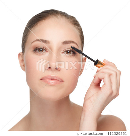 Woman, face and skincare for beauty, mascara and makeup with lashes and cosmetology on white background. Portrait, wand for eyelash extension and skin, glow or shine with cosmetics product in studio Woman, face and skincare for beauty, mascara and makeup with lashes and cosmetology on white background. Portrait, wand for eyelash extension and skin, glow or shine with cosmetics product in studio 111329261