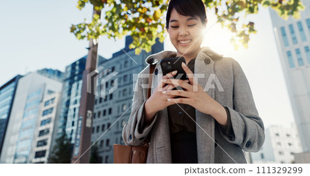 City, business and woman with cellphone, smile and typing with connection, online news and digital app. Japan, person or employee with smartphone, social media or reading a blog with contact or email City, business and woman with cellphone, smile and typing with connection, online news and digital app. Japan, person or employee with smartphone, social media or reading a blog with contact or email 111329299