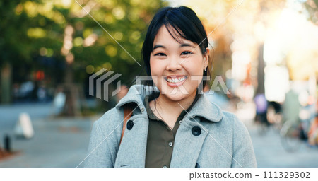 Japan businesswoman, face and happy in city for company travel and street for ambition or startup entrepreneur. Portrait, person and smile for summer trip for career growth and job pride in kyoto 111329302