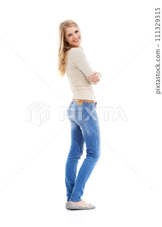 Woman, portrait and arms crossed or happy in studio with empowerment, positive mindset or confidence. Model, person and smile with casual outfit, trendy clothes or mock up space on white background 111329315