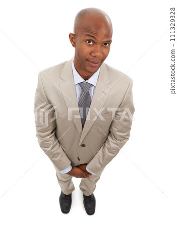 Studio portrait, top view and professional black man for business services, career work or realtor job experience. Eyebrow raise, entrepreneur and African real estate agent on white background Studio portrait, top view and professional black man for business services, career work or realtor job experience. Eyebrow raise, entrepreneur and African real estate agent on white background 111329328