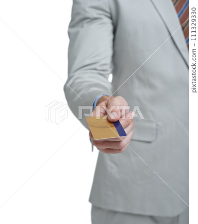 Business hands, credit card and studio for payment, fintech and professional investment, shopping or commerce. Corporate worker or person with banking, financial offer or wealth on a white background 111329330
