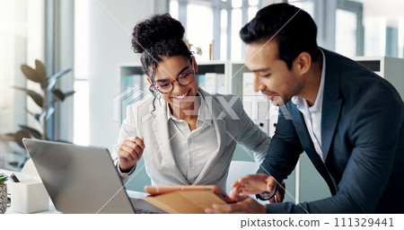 Discussion, laptop and business people in the office doing research for collaboration project. Technology, teamwork and professional lawyers working on a legal case with computer in modern workplace. 111329441