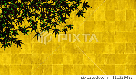 A gold lacquer-style folding screen with a silhouette of a maple leaf inlaid with green foil. 111329482