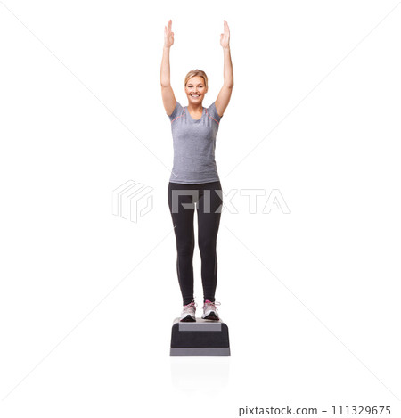 Exercise, woman and aerobics with balance, portrait and wellness isolated on a white studio background. Person, girl and model with steps, fitness and training with cardio, routine and mockup space 111329675