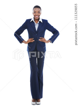 Portrait, business and happy black woman with confidence in studio isolated on a white background mockup. Job, smile and professional lawyer in suit, attorney and African employee working in Kenya Portrait, business and happy black woman with confidence in studio isolated on a white background mockup. Job, smile and professional lawyer in suit, attorney and African employee working in Kenya 111329855