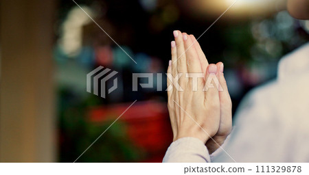 Hands, prayer and closeup for temple for spiritual peace, mindfulness or god gratitude. Person, praise fingers and holy respect for help learning faith for religion, support or forgiveness belief Hands, prayer and closeup for temple for spiritual peace, mindfulness or god gratitude. Person, praise fingers and holy respect for help learning faith for religion, support or forgiveness belief 111329878