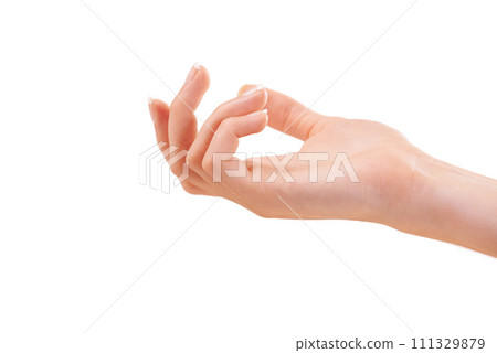 Woman, hand and skincare for manicure, cosmetics or beauty treatment against a white studio background. Closeup of female person palm for soft skin, glow or dermatology in wellness on mockup space 111329879
