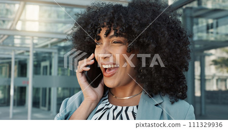 Happy black woman, phone call and laughing for funny joke, business conversation or communication in city. Face of African female person, afro and smile talking on mobile smartphone in fun discussion 111329936