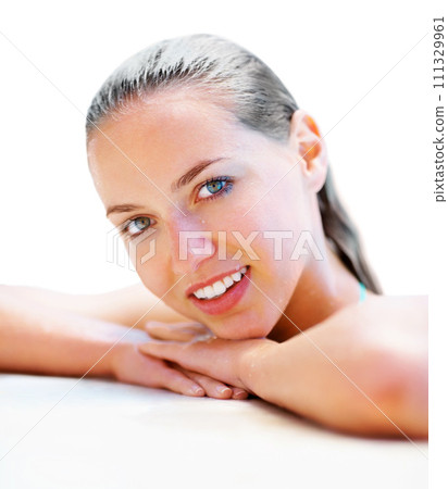Portrait, edge and swimming pool with woman, relax and luxury with holiday, water and getaway trip. Face, person and girl with wellness, wet and summer with weekend break, vacation and mockup space 111329961