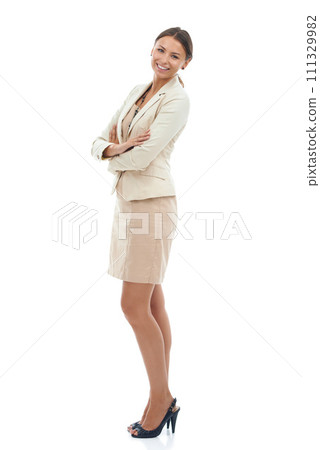 Corporate, crossed arms and portrait of happy woman on a white background with pride, confidence and ambition. Professional, business and isolated worker for career, job and opportunity in studio Corporate, crossed arms and portrait of happy woman on a white background with pride, confidence and ambition. Professional, business and isolated worker for career, job and opportunity in studio 111329982