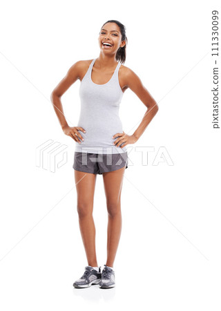 Portrait, smile and fitness with woman, funny and wellness isolated on a white studio background. Person, cheerful girl and model with humor, confidence and healthy with workout, exercise and joyful 111330099