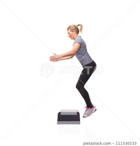 Exercise, woman and aerobics with health, fitness and wellness isolated on a white studio background. Person, girl and model with steps, balance and workout with cardio, energy and mockup space Exercise, woman and aerobics with health, fitness and wellness isolated on a white studio background. Person, girl and model with steps, balance and workout with cardio, energy and mockup space 111330133