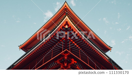 Japanese temple, blu sky and architecture, religion and traditional with building for Buddhism, for faith. Tradition, culture and landscape in Japan, place of worship with property or real estate Japanese temple, blu sky and architecture, religion and traditional with building for Buddhism, for faith. Tradition, culture and landscape in Japan, place of worship with property or real estate 111330170