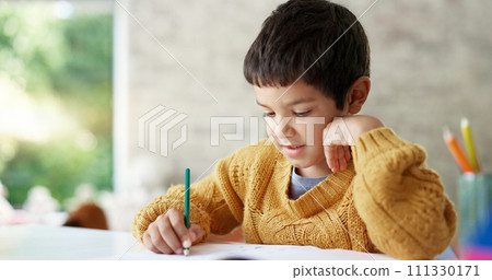Child, drawing or boy writing homework on notebook in kindergarten education for growth development. Project, creative or young art student with color pencil learning or working on sketching skills Child, drawing or boy writing homework on notebook in kindergarten education for growth development. Project, creative or young art student with color pencil learning or working on sketching skills 111330171