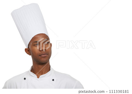 Man, chef and thinking of food, professional and serious guy on white studio background. African person, culinary expert and mockup space with vision, hospitality industry and employee menu idea 111330181