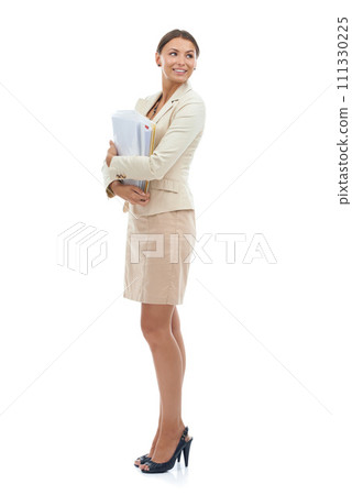 Woman, portrait and business paperwork or document planning research, project or administration. Female person, career and corporate file in studio white background for management, notes or mockup 111330225