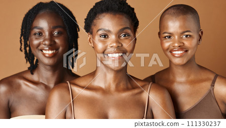 Happy, face or natural models with beauty, glowing skin or afro isolated on brown background. Facial dermatology, black women or skincare cosmetics in studio with girl friends or proud African people 111330237