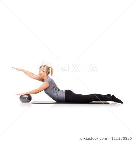Stretching arms, workout or woman on ball in pilates, exercise or body health isolated on a white studio background mockup space. Flexible, mat or person on equipment for balance, training or fitness Stretching arms, workout or woman on ball in pilates, exercise or body health isolated on a white studio background mockup space. Flexible, mat or person on equipment for balance, training or fitness 111330530