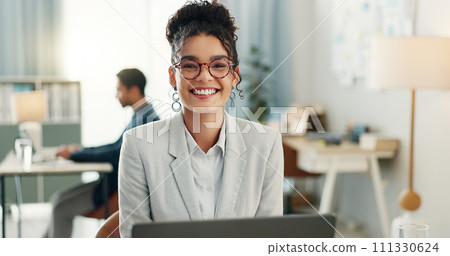 Portrait of woman with smile, laptop and coworking space for research, online admin and consultant at agency. Office, networking business and girl at computer typing email review, feedback or report 111330624