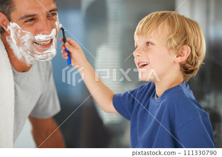 Help with shaving, dad and child with razor, cream on face and bonding in home with morning routine. Teaching, learning and father with happy son in bathroom for love, clean fun or grooming together Help with shaving, dad and child with razor, cream on face and bonding in home with morning routine. Teaching, learning and father with happy son in bathroom for love, clean fun or grooming together 111330790