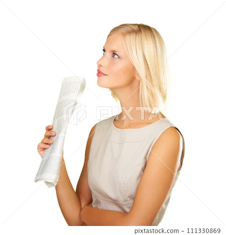 Woman, newspaper and thinking for knowledge or reading on a white studio background. Young female person or blonde smile with document or paper in wonder for information, idea or news on mockup Woman, newspaper and thinking for knowledge or reading on a white studio background. Young female person or blonde smile with document or paper in wonder for information, idea or news on mockup 111330869