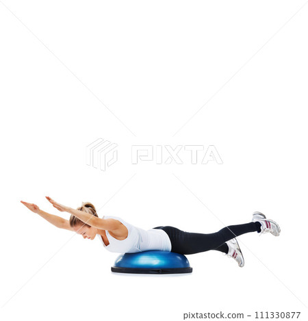 Woman, fitness and balance on bosu ball for core training, muscle and workout isolated on white background. Exercise equipment, strength and endurance with mockup space and strong athlete in studio Woman, fitness and balance on bosu ball for core training, muscle and workout isolated on white background. Exercise equipment, strength and endurance with mockup space and strong athlete in studio 111330877