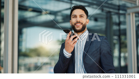 Happy businessman, phone call and communication in city for proposal or outdoor conversation. Face of man or employee smile and talking on mobile smartphone for business discussion outside building 111331001