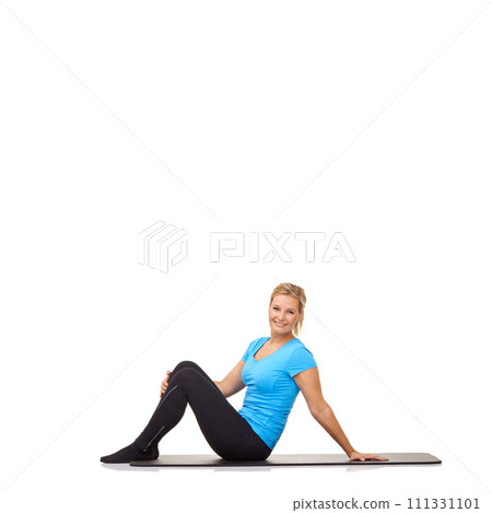 Woman, yoga and portrait on floor of studio for exercise, healthy workout and smile isolated on white background. Wellness, training and happy lady on mat for fitness, strong body and mockup space Woman, yoga and portrait on floor of studio for exercise, healthy workout and smile isolated on white background. Wellness, training and happy lady on mat for fitness, strong body and mockup space 111331101