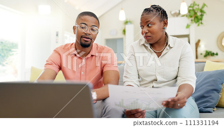 Finance, documents and couple with laptop on sofa with bills, paperwork and insurance budget. Financial planning, mortgage and black man and woman on computer for pension, tax payment or investment Finance, documents and couple with laptop on sofa with bills, paperwork and insurance budget. Financial planning, mortgage and black man and woman on computer for pension, tax payment or investment 111331194