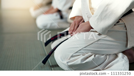 Japanese men, aikido and bow in training for fighting, modern martial arts and learning self defence. Group, black belt students or instruction in dojo place, sport or class in respect in discipline 111331250