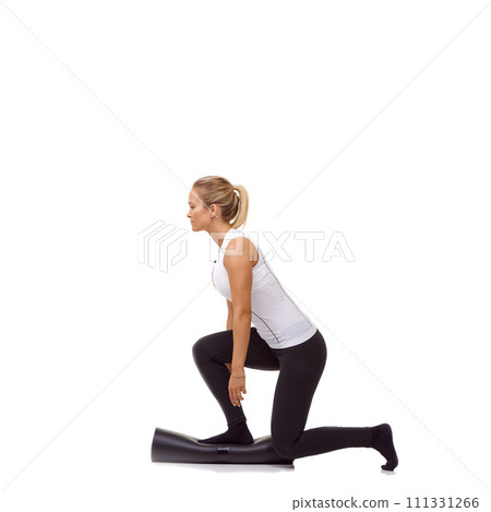 Woman, lunge and exercise on mat, studio profile or stretching workout for fitness, health or white background. Girl, yoga or pilates with training, thinking and muscle development process on floor Woman, lunge and exercise on mat, studio profile or stretching workout for fitness, health or white background. Girl, yoga or pilates with training, thinking and muscle development process on floor 111331266