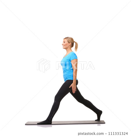 Body, health and fitness with woman in studio for stretching, exercise and wellness. Workout, training and self care with female person on floor of white background for pilates, gym and mockup space 111331324