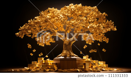3D rendering of golden dollar coins falling into a tree on black background 111331333