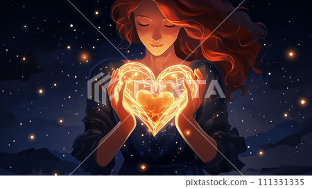 Beautiful woman with heart in her hands. 3d illustration. 111331335
